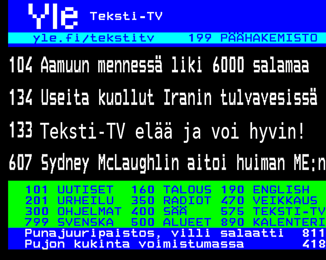 YLEn teksti-tv:n etusivu